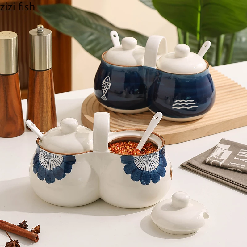 

Japanese Style Seasoning Jar Set Ceramic One-piece Seasoning Jar Chili Jar Salt Jars Sugar Jars Spice Can Kitchen Seasoning Tool