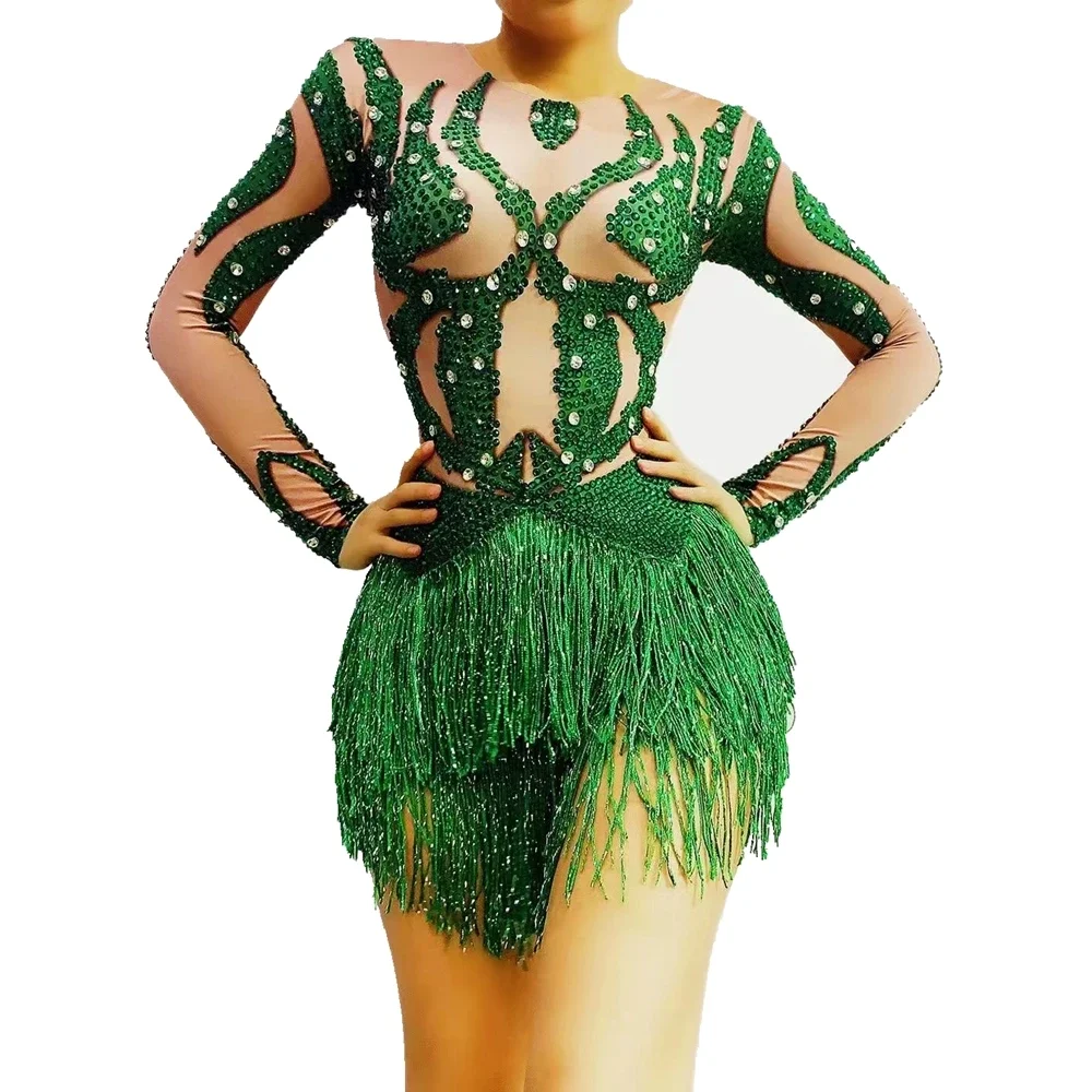 

Sparkly Crystals Green Tassel Bodysuit Dance Costume Stage Wear Performance Show Nightclub Outfit Sexy Crystal Fringes Leatard