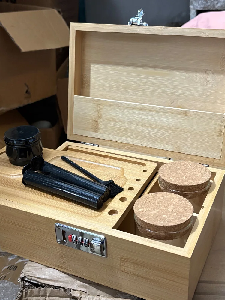 Organizador Storage Box Large Bamboo Box with Rolling Tray Smell Proof Premium Lock Stash Box Accessories