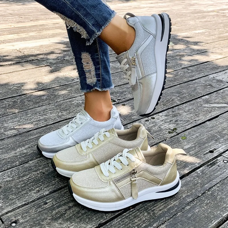 Casual Breathable Mesh Lace Up Sports Sneakers Women 2025 Autumn Fashion Zip Decoration Running Shoes Soft Wedge Heel Sneakers