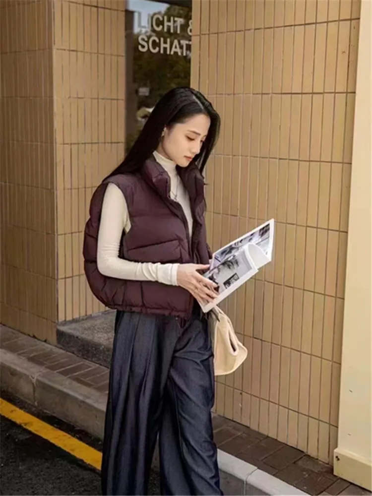 

Fashionable Loose Women's Vest Pure Color Polo Collar down Cotton Autumn Winter New Style Student Jacket Outerwear Female