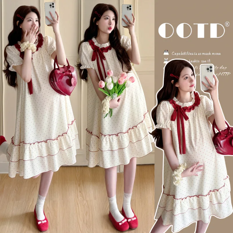 Maternity Dress Summer 2026 Sweet Cute Red Polka Dot Ruffle Bow Tie Short Sleeve Doll Dress For Pregnant Women
