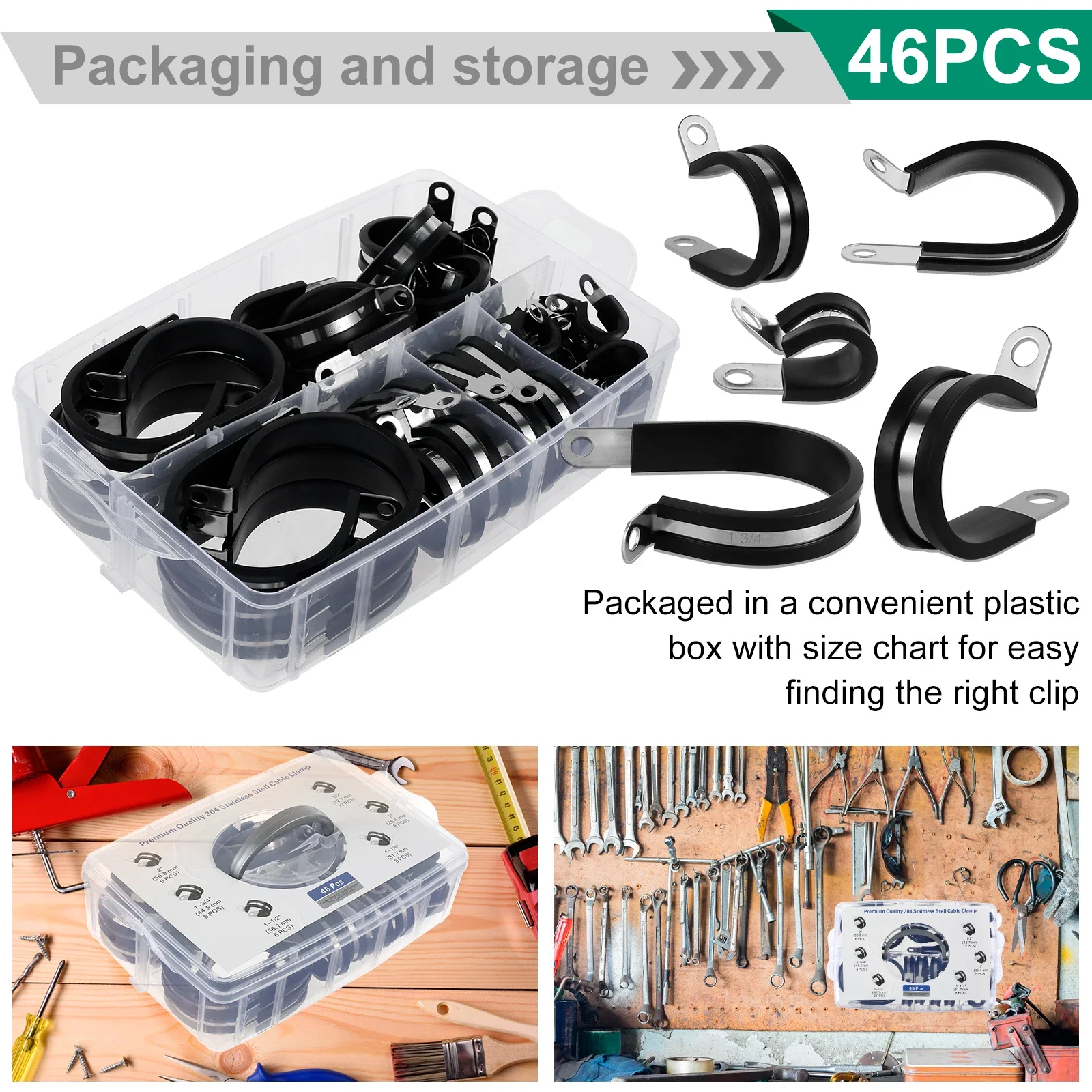 46Pcs Cable Clamps Assortment Kit 304 Stainless Steel Wire Clamps Rubber Coated Insulated Pipe Clamps R-Type Hose Clamp with 6