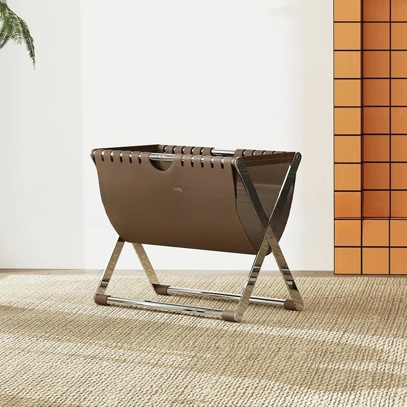 Italian Minimalist Stainless Steel Bookshelf Next to Sofa Bauhaus Saddle Leather Foldable Shelf