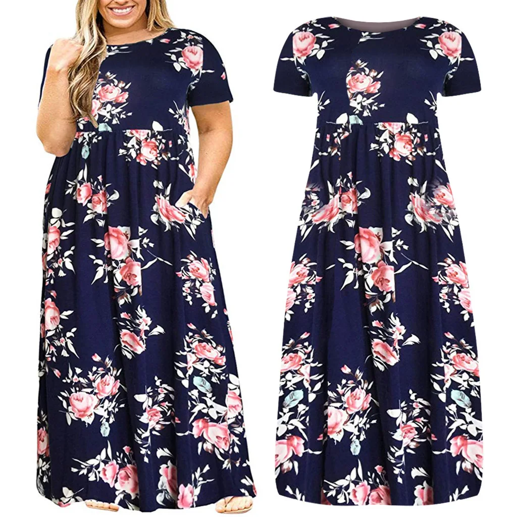 Verão 2024 plus size feminino redondo ne ort sve impresso longo dr cor pura moderno sle midi dr para senhoras plus size