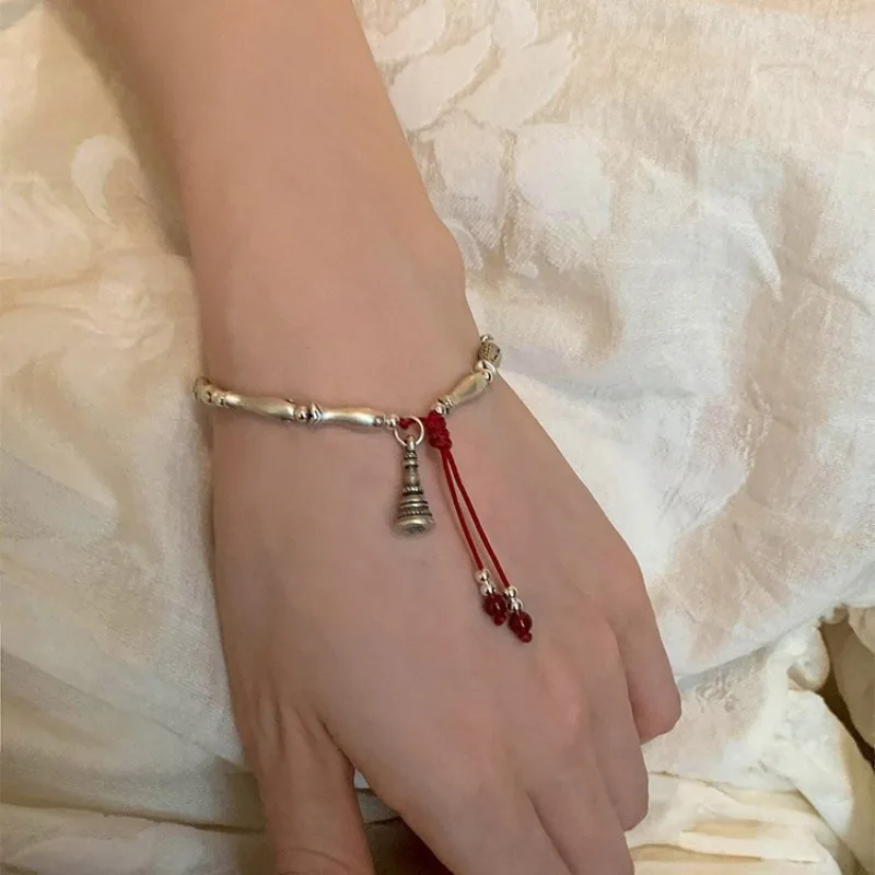 925 Silver Retro Charm Small Fish Buddhist Pagoda Red Rope Round Beads Bracelets for Women Fine Minimalist Accessories Wholesale - Image 4