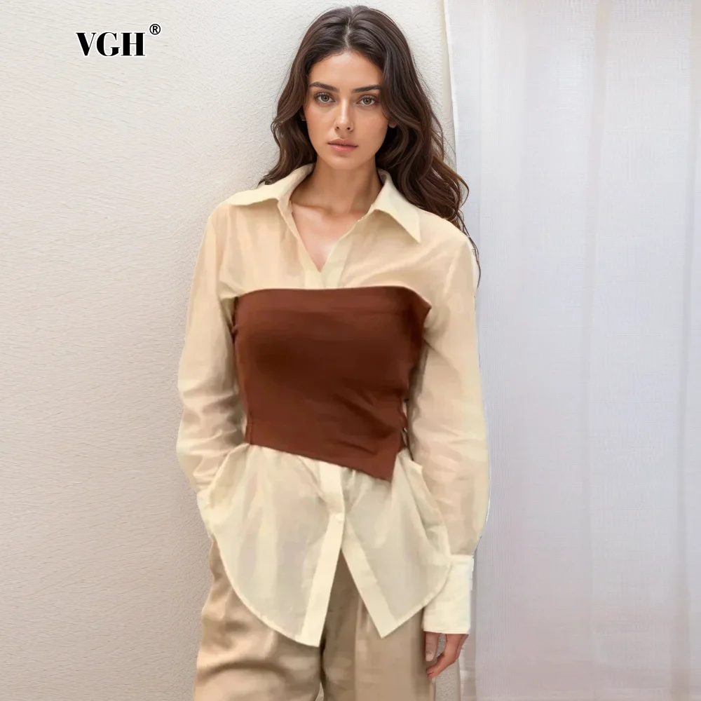 VGH Hit Color Shirts For Women Lapel Long Sleeve Patchwork Single Breasted Minimalist Blouse Female Autumn Fashion Clothes