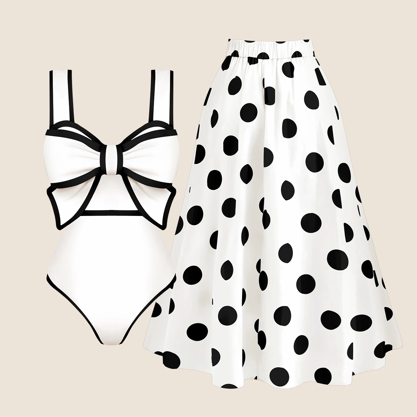 2025 Black White Retro One Piece Swimsuit Women Bow Tie Swimwear with Skirt Sexy Bathing Suit Monokini Beach Bodysuit Beach Wear