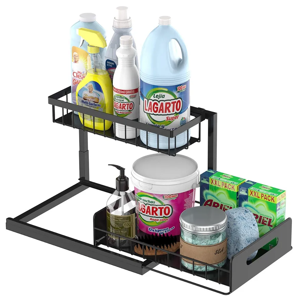 2 Tier Pull Out Basket Kitchen Under Sink Cupboard Organiser Drawer Storage Rack