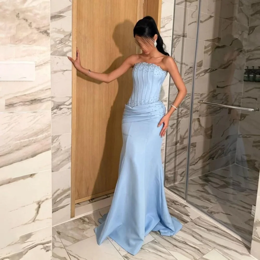 فستان سهرة مخصص بدون حمالات رائع بدون أكمام فساتين لحضور الحفلات الموسيقية Ruched مناسبة رسمية مثير مطرز بالخرز رداء سهرة