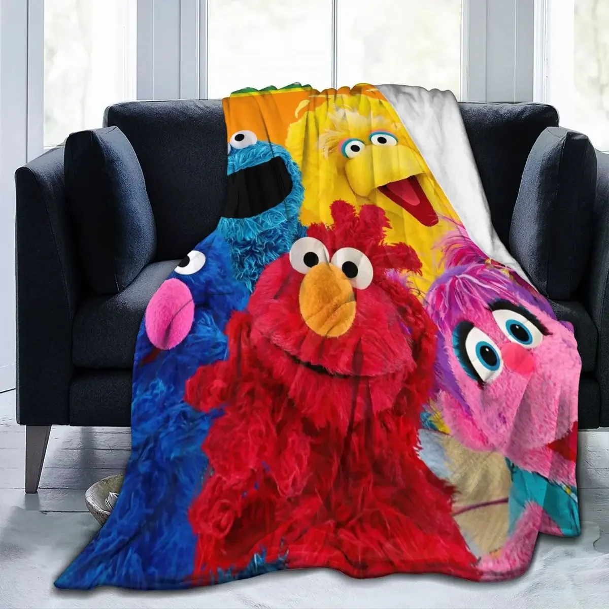 S-Sesame Streets Blanket Fleece Printed Cookie Monster Cartooon Portable Lightweight Throw Blankets for Bedding Car Bedspread