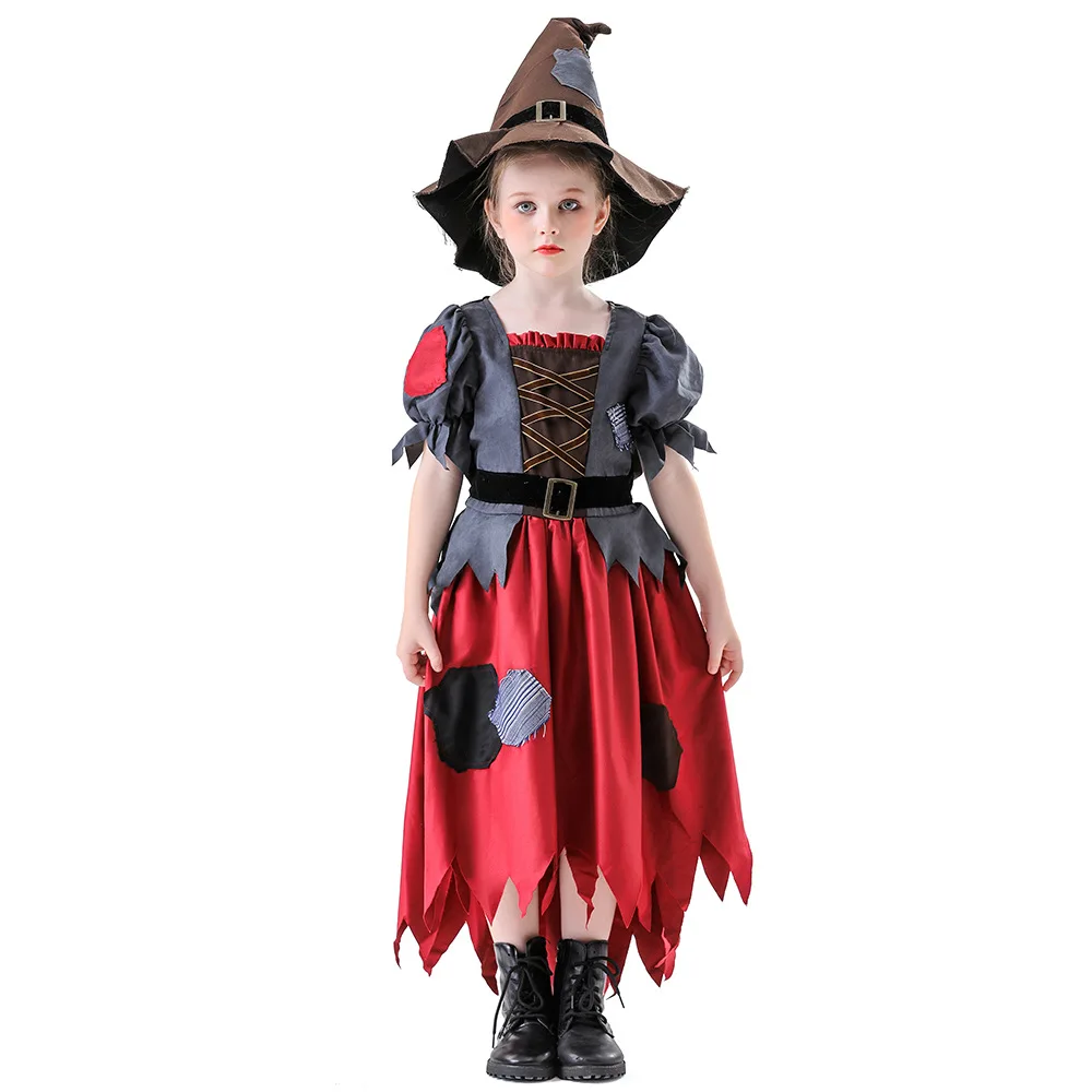 Girls New Halloween Cosplay Costume Wizard Magic Hat Scarecrow Dress Vampire Theme Party  vampire Role playing Set - Image 5