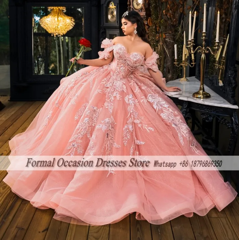Princess Pink Quinceanera Dresses Ball Gown Charming Off ShoulderApplique Beads For African Girls Vestido De 15 Anos Customized