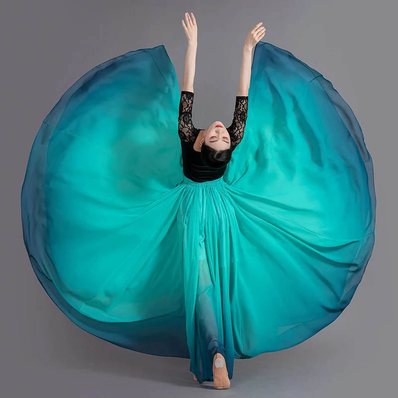 Women Classical Dance Skirts Gradient Flowing Spanish Flamenco Skirt 720 Degree Long Belly Dance Skirt Performance Costume