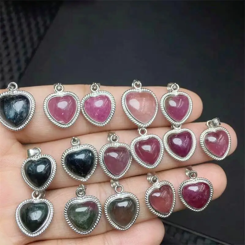 

S925 Natural Tourmaline Heart Pendant For Women Crystal Energy Reiki Necklace Jewelry Charm Healing Fashion Gift 5.4X12MM 11PCS