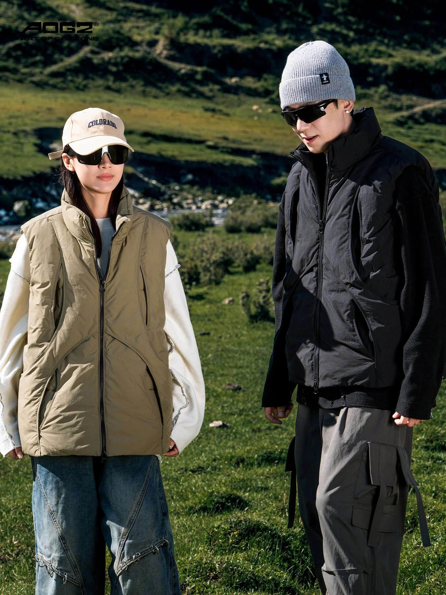 AOGZ Outdoor Hollow out Design Stand Collar Cotton Vest Unisex Autumn Winter Loose Warm Deconstructed Splicing Couple Jacket