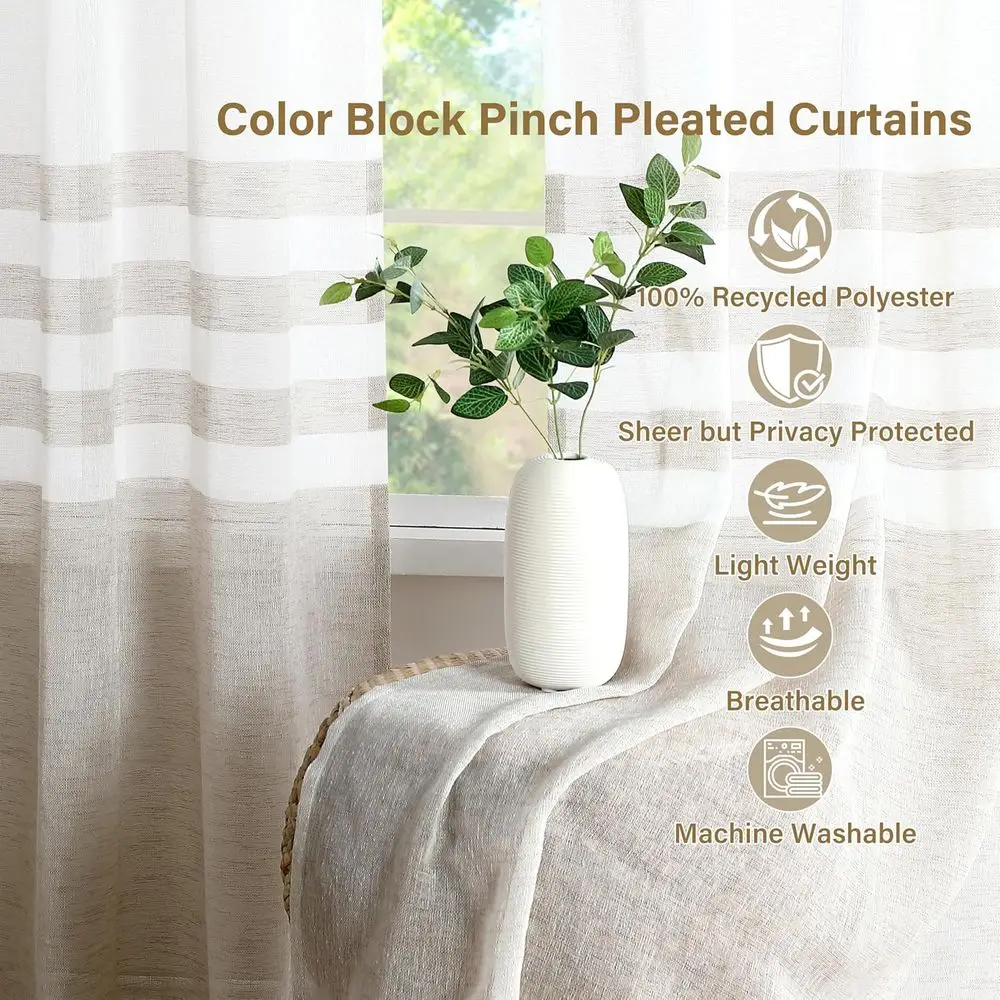 95 tende trasparenti con pieghe pizzico marrone chiaro e bianco, set di 2 per stile fattoria, 58 larghe x 95 lunghe