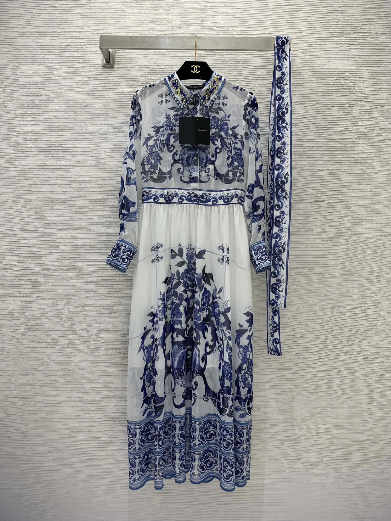 Retro Vaion Long Sve blauw en wit porseleinen print maxi rok zware versiering zilveren Tead jurk Ele Lady Sle