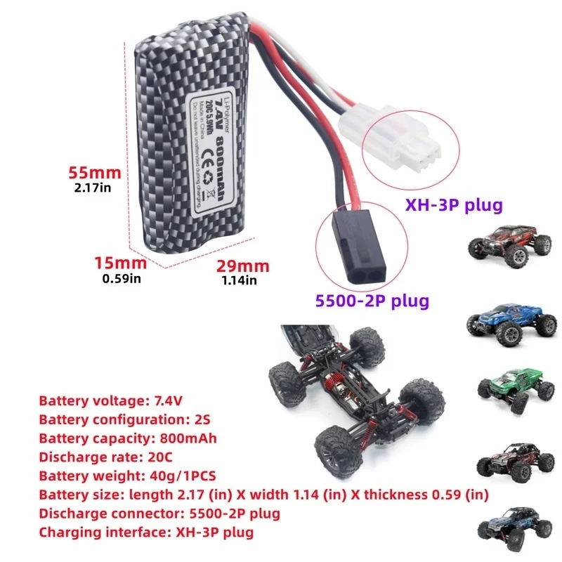 7.4V 800mAh Lithium Battery For 9130 9135 9136 9137 9138 9145 RC Toy Car High-Speed Off-Road Vehicle 5500-2P Plug 7.4V Battery