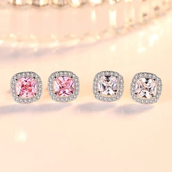 Classic Wedding Stud Earrings For Women Dazzling Micro Crystal Paved Pink Square Zirconia Romantic Tiny Earring Piercing Jewelry