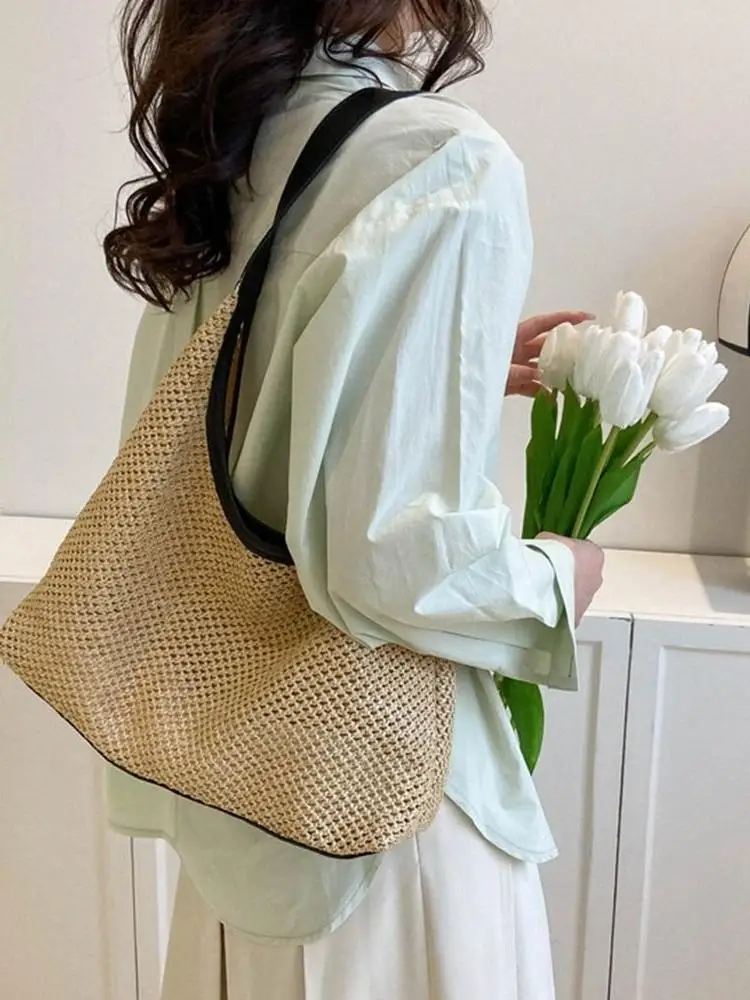 Fashion Solid Color Weave Straw Bag Bohemian Style Handmade Beach Handbag Large Capacity Tote Bag Shoulder Bag Ladies