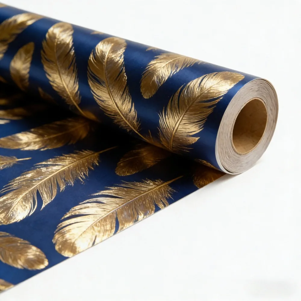 Papel de Regalo en Rollo de Gran Tamaño, Elegante Papel de Regalo con Diseño de Plumas Doradas y Azul Marino, 17 Pulgadas * 118 Pulgadas por Rollo