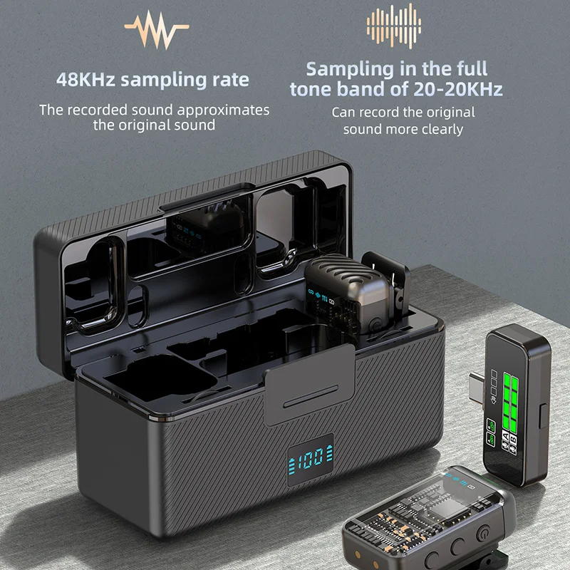 Yamnweo T-S2 micrófono de solapa inalámbrico 2 en 1 con estuche de carga, cancelación de ruido inteligente AR, grabación inalámbrica 2.4G para smartphone, transmisiones en vivo, vlogs, compatible con Tipo-C y Lightning 3