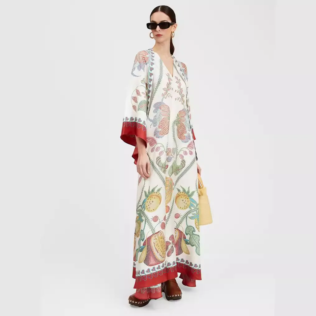 

Fashion Vintage Print Long Dresses Women Stand Collar Leace-up Irregular Sleeves Loose Maxi Dress Trendy Lady Commuting Vestidos