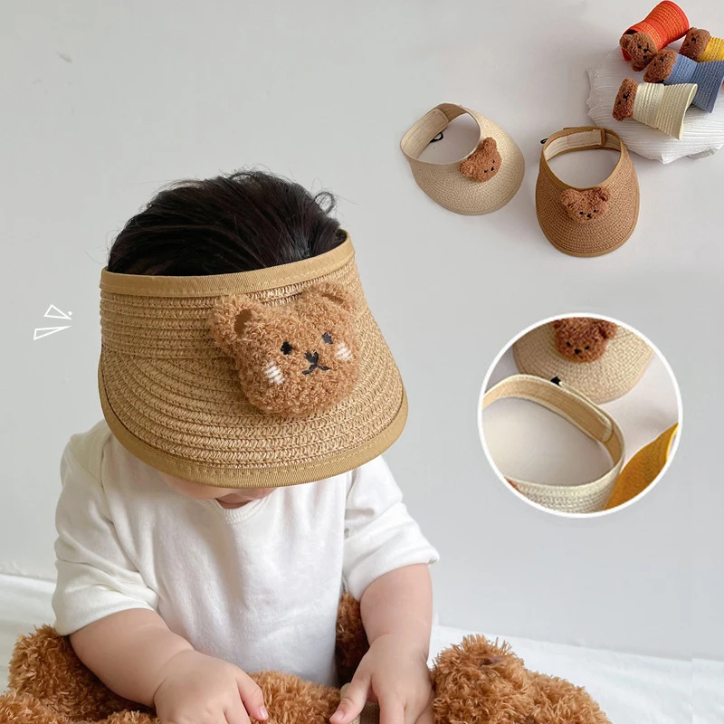 Korean Cute Cartoon Bear Kids Sun Protector Hats Headband Summer Braided Collapsible Outdoor Caps for Baby Boys Girls Children