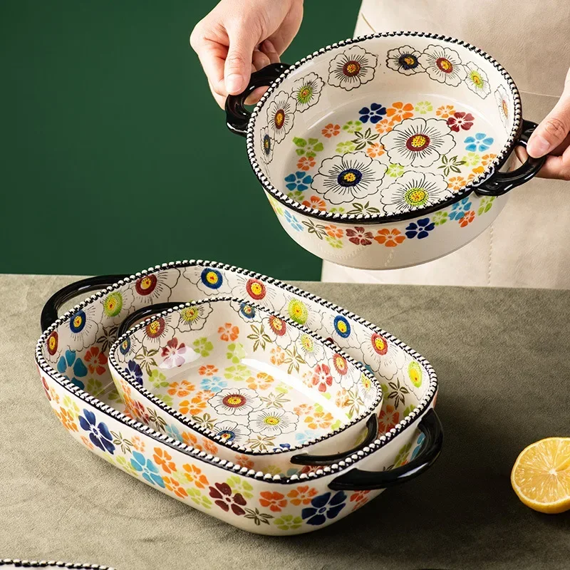 Hand-painted Relief Floral Ceramic Double Ear Baking Tray, Circular, Handle Bowl, Tableware, Fruit Salad Bowl, Kitchenware