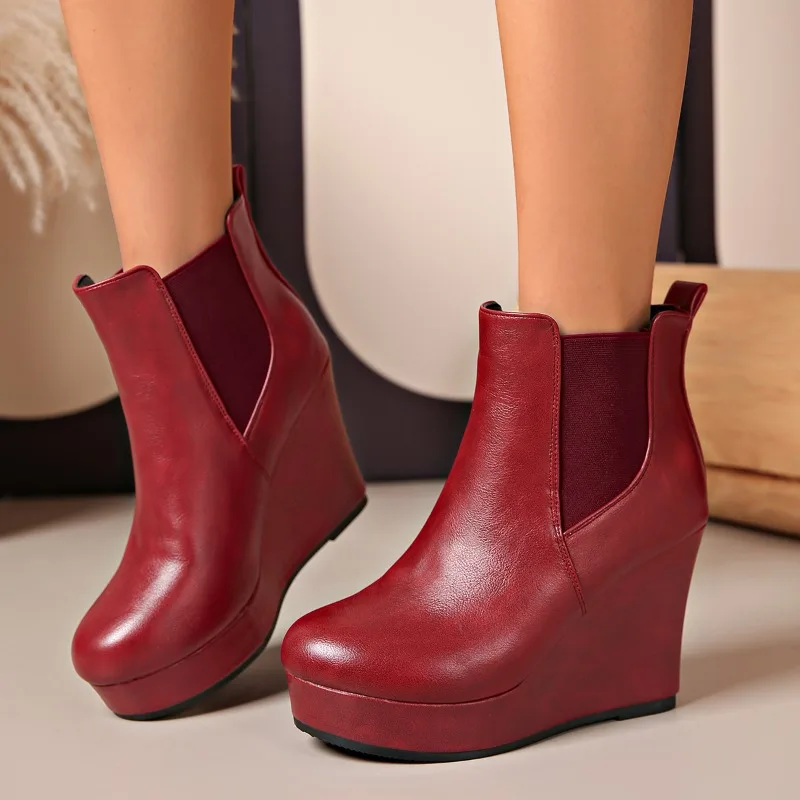 2026 New Simple Style Wedge Thick Soled Ankle Boots for Women Fashion Round Toe Splicing Solid Comfort height-increasing shoes