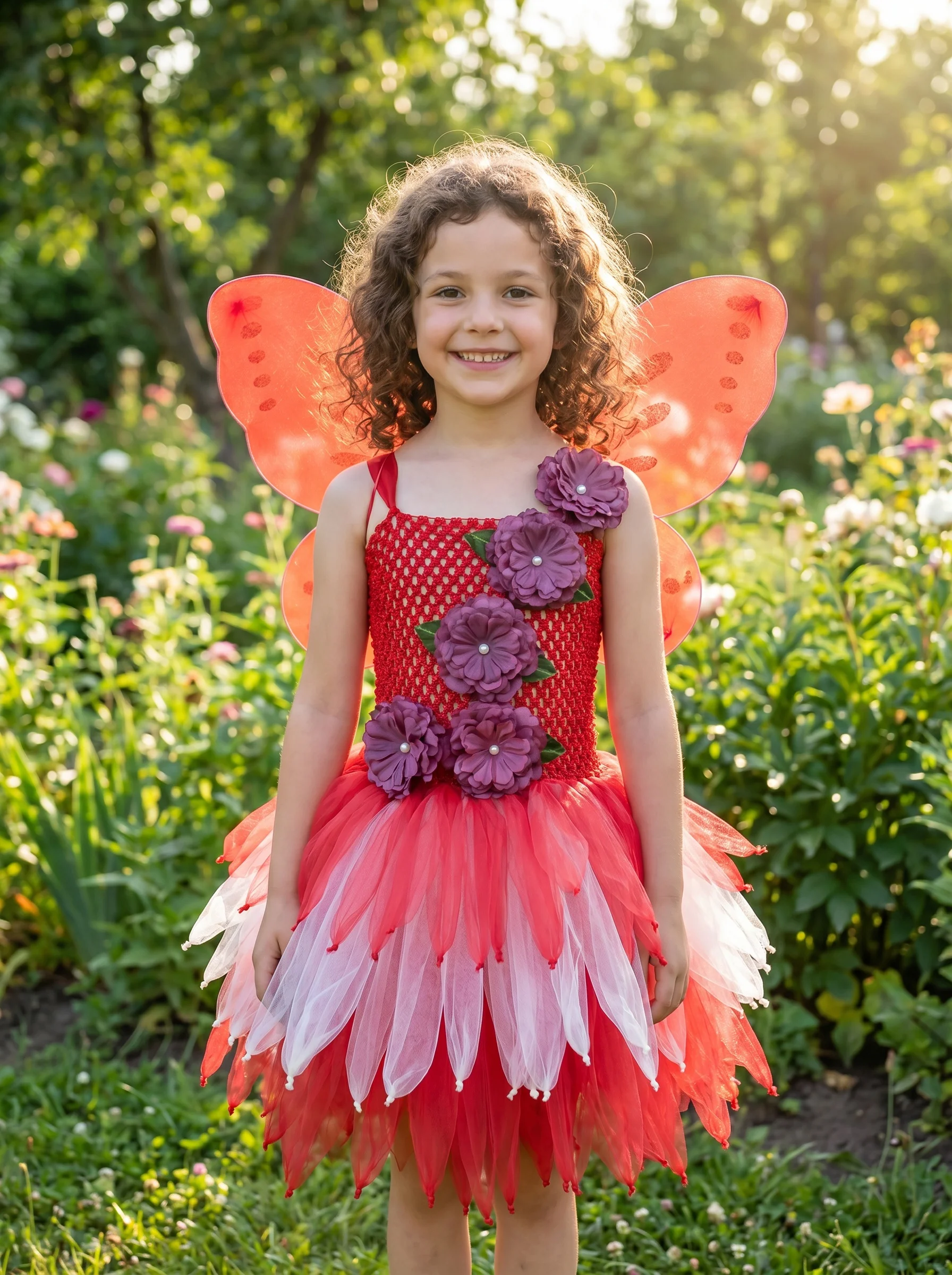 Girls Red Dress Butterfly Wing Tutu Costume Flower Decor Kids Halloween Party Outfit Princess Cosplay Role Play Clothes