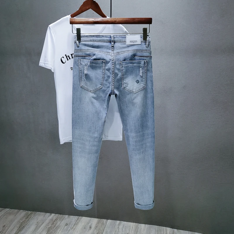 Jean slim déchiré pour hommes, gris, bleu clair, élasticité, vêtements de rue, Hip Hop, Patchwork, pantalon de motard, effiloché