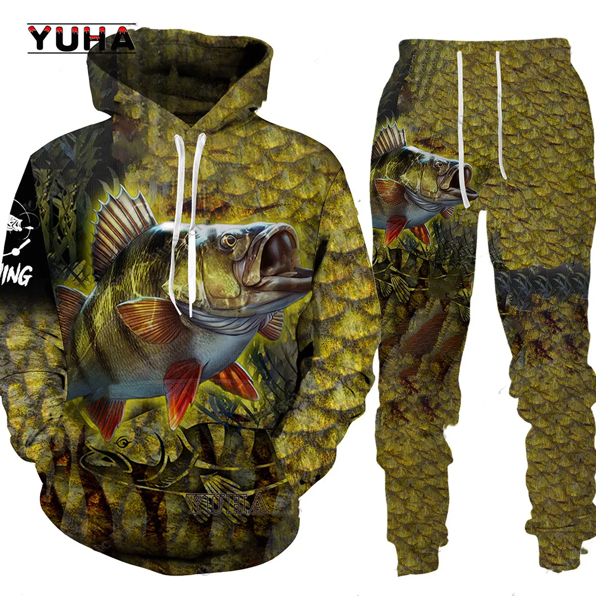 spring and autumn 3D Carp Fishing Hunting Camo Printed Men\'s Hoodie Pants Tracksuit Set Sportswear Long Sleeve Men Clothes Hoodi