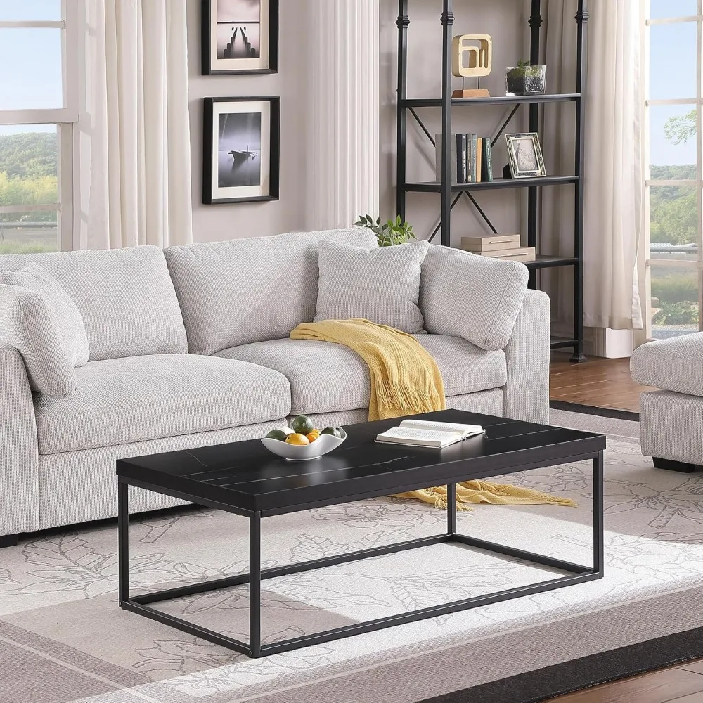 47 Modern Industrial Coffee Table - Black Marble Top with Wood and Metal Frame for Living Room