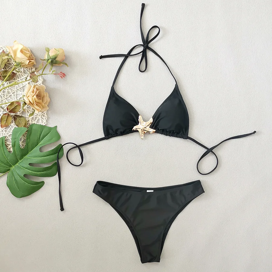

sexy metal gold starfish halter tie string black bikinis sets two pieces thong bandage swimsuit bathing suit swimwear biquini