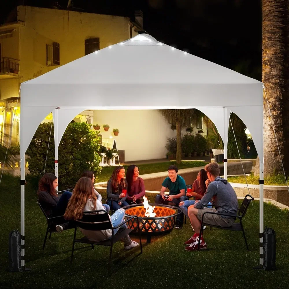 Pop-Up Canopy Tent with 17 Solar LED Lights, Outdoor Garden Gazebo, Ez Set-up Instant Sun Shelter Tent w/Wheel