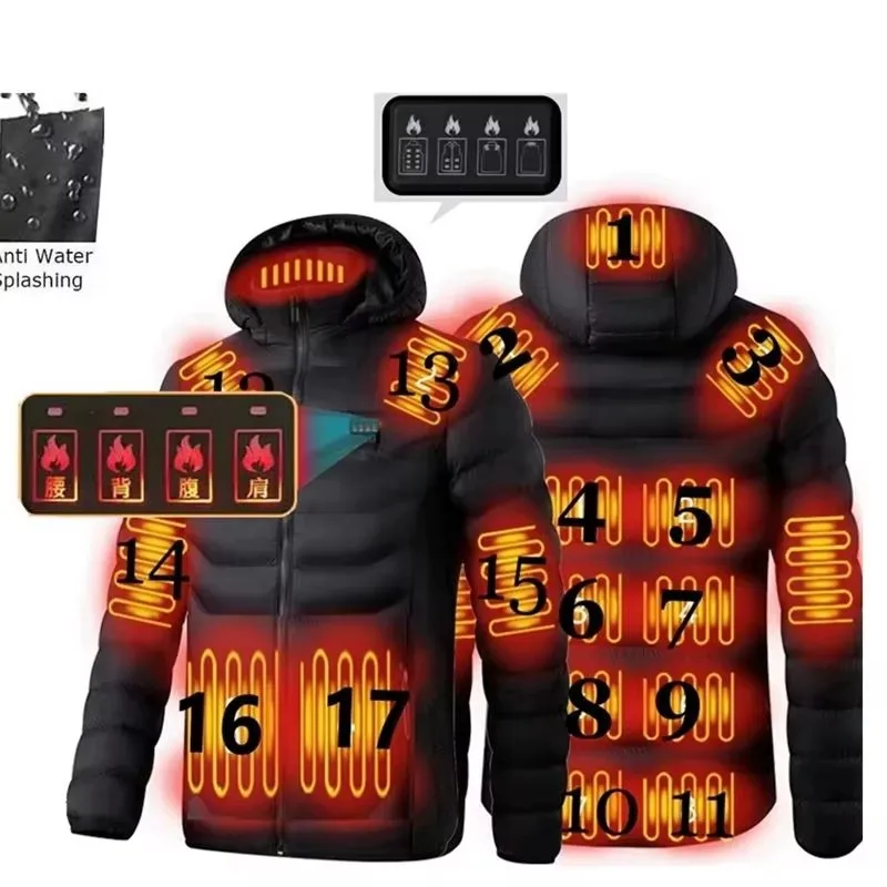 Parka Eléctrica Calefactable de Invierno para Hombre, 4 Ajustes, Sistema de Calefacción de 17 Zonas, Chaqueta Deportiva Térmica para Exteriores, Cálida para Clima Frío