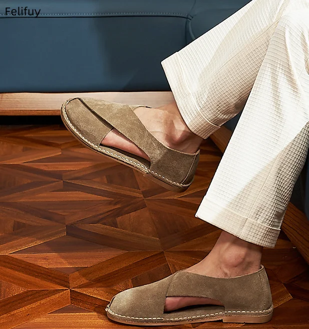 

Men’s Genuine Leather Sandals Flat Heel Sneakers Casual Gladiator Barefoot Loafers Slip-on Summer Spring Comfortable Loafers