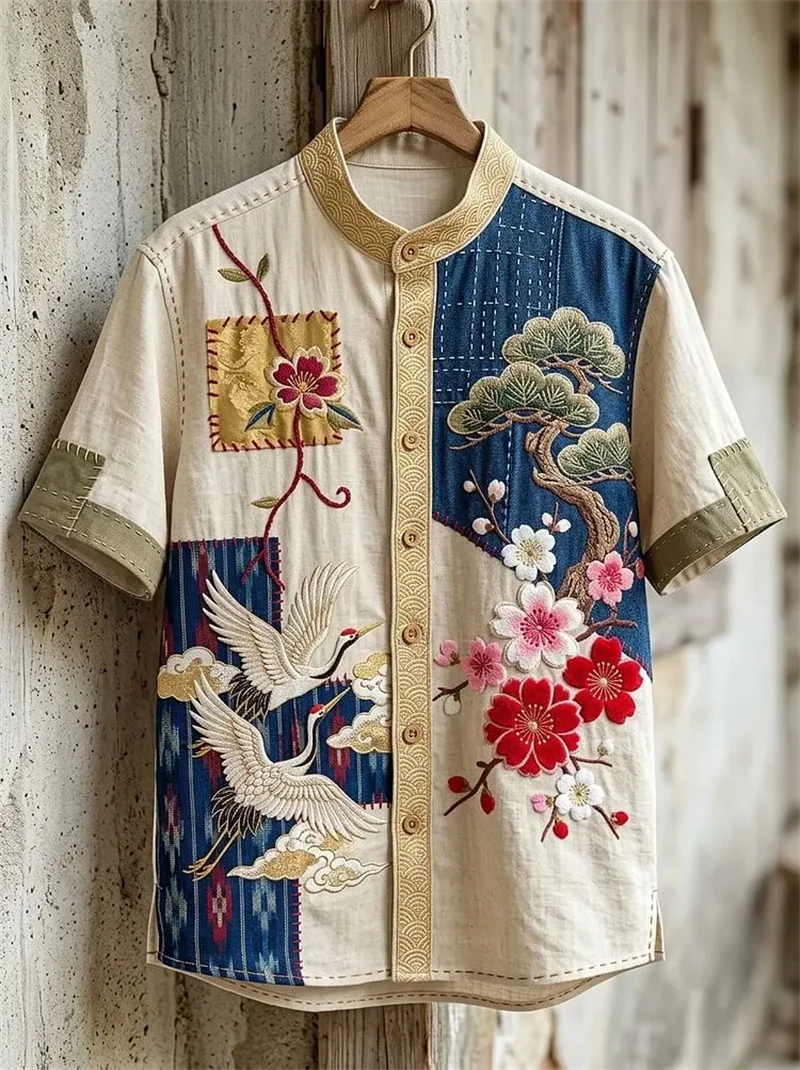 New retro and stylish shirt with giant waves, sunset, coconut tree splicing, printed casual short sleeved shirt