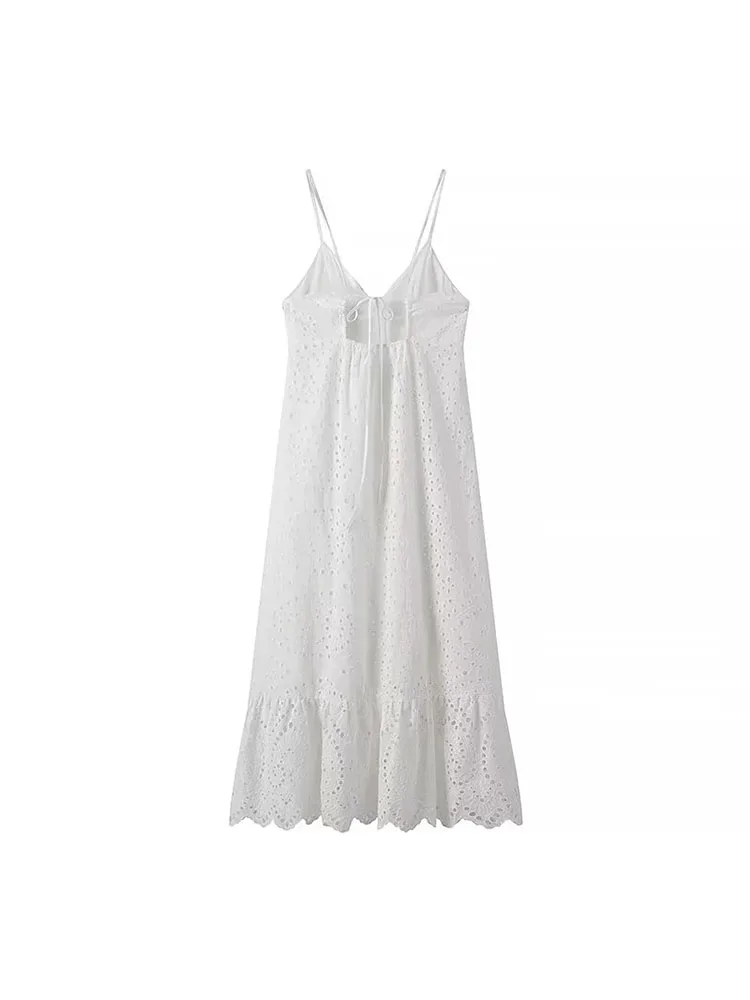 ZADATA New Women\'s Fashion Casual Versatile Hollow Embroidered Backless Suspender Retro Sleeveless Dress