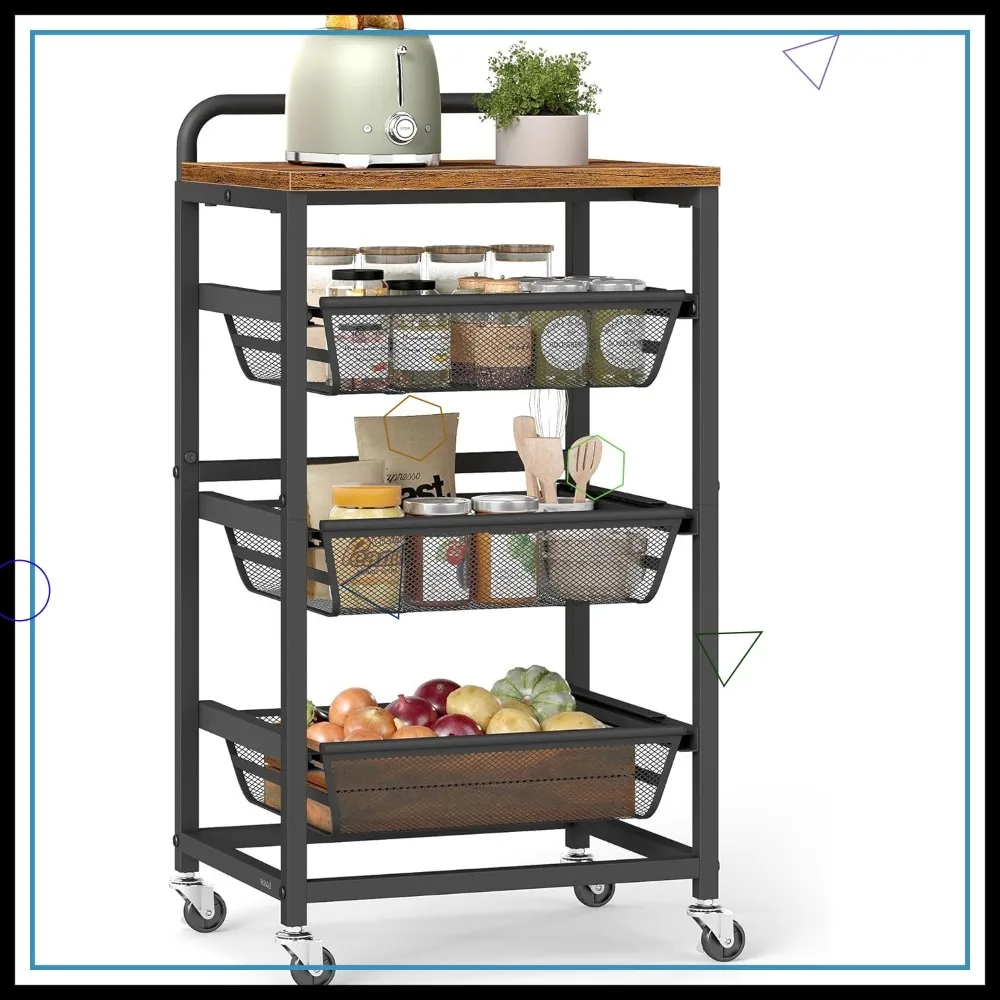 

4-уровневая кухонная тележка для хранения с выдвижными корзинами, колесами и ручкой, цвета: рустик-коричневый и чернильно-черный, 12,5 x 15,8 x 29,9 дюймов