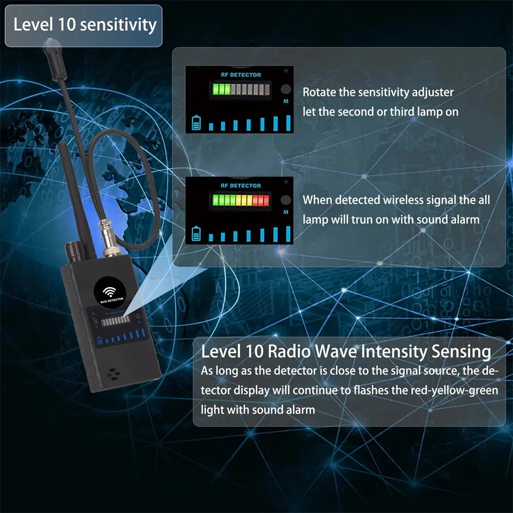 Detector de RF antiespía profesional, Detector de cámara oculta de insectos inalámbrico para seguimiento GPS, buscador de dispositivos de escucha GSM