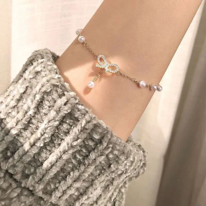 Fashion Temperament Crystal Bow Pendent Charm Bracelet Bangle For Women Trendy Jewelry Gifts Party