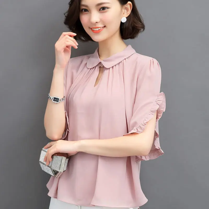 Women Summer Simplicity Loose Elegant Ruffles Solid Color Peter Pan Collar Short Sleeve Chiffon Shirts Ladies Casual Trend Tops