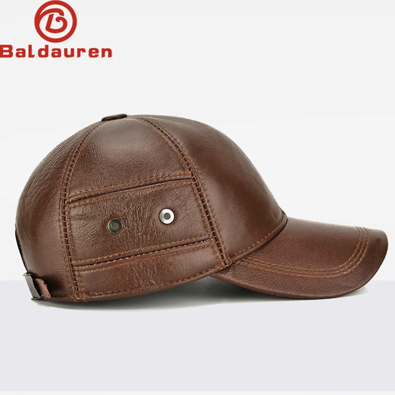 2024 New Style Men Cowhide Hat Winter Warm Outdoor Protect Ear Real Leather Adjustable Baseball Cap Men Real Cowhide Leather Cap