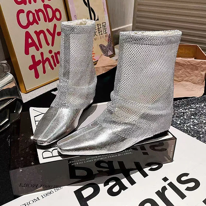 

Y2k Rhinestone Mesh Breathable Women's Summer Boots Fashion Thick Sole Wedge Heel 5cm Silvery Female Boot Sexy bottine femme