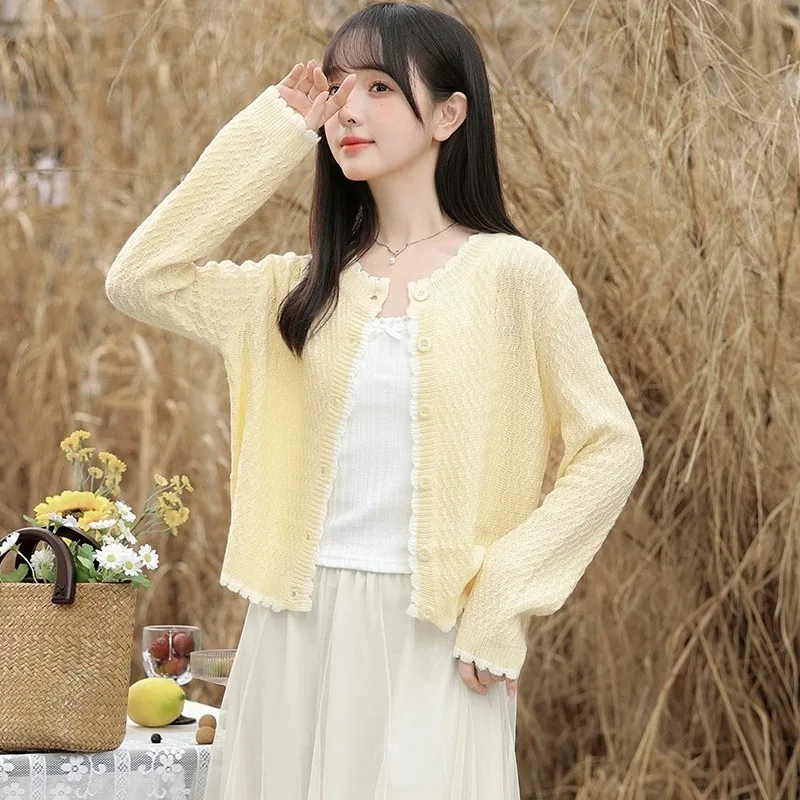 High Quality New Korean Spring Autumn Knitted Sweater Women Cardigan Short Fashion Solid O-neck Knit Coat Female Tops