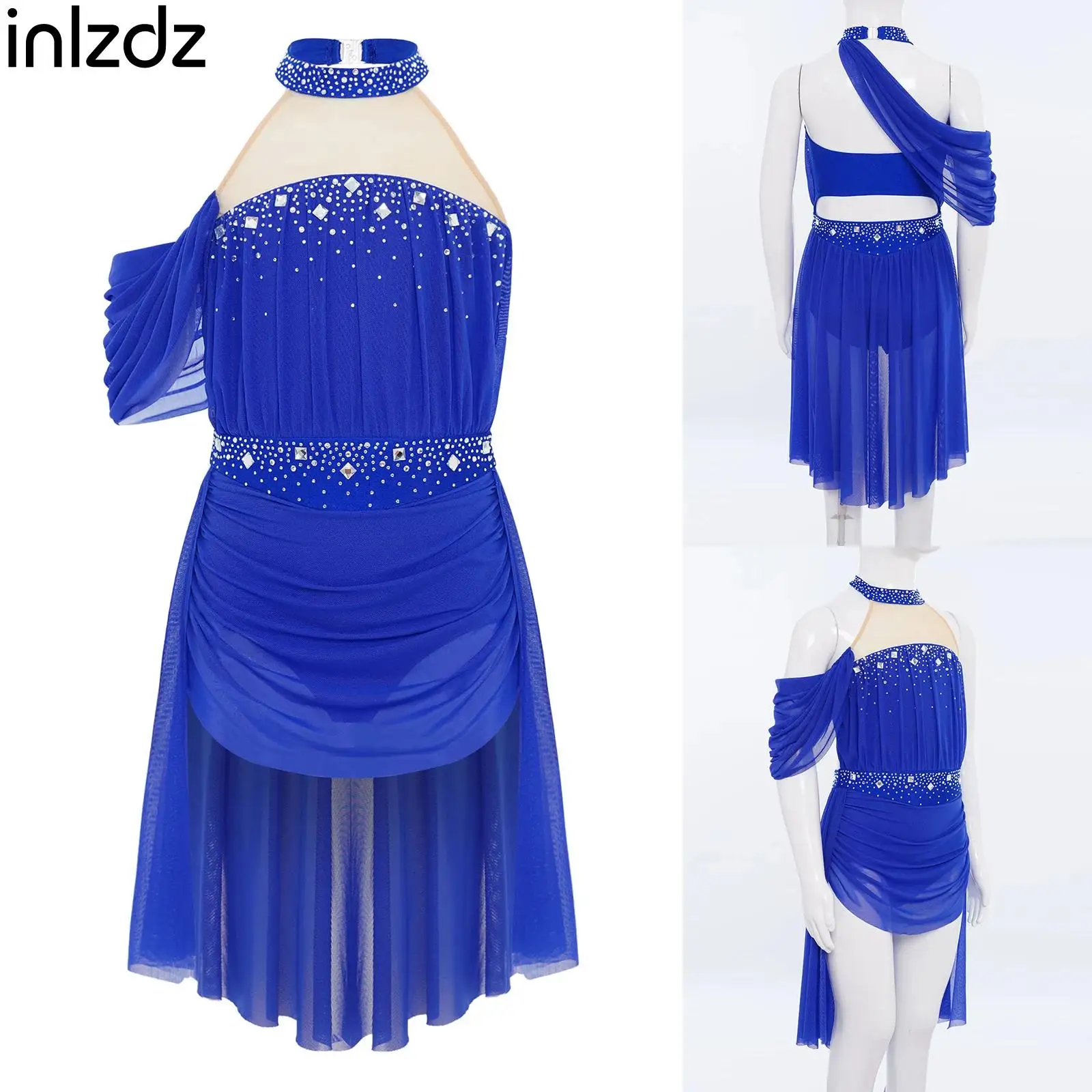 

Girls Halter Backless Ballet Lyrical Modern Dance Dress Figure Skating Performance Costume Rhinestones Ruched Mesh Drape Dresses