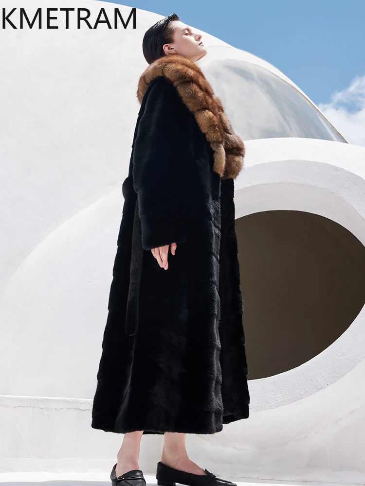 100% Natural Mink Fur Jacket Woman High Quality Long Real Fur Coat Sable Collar Winter Coats Women Clothing 2025 шуба женская